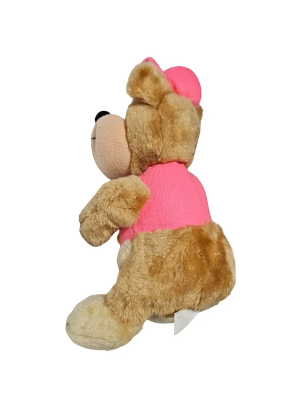Vintage Teddy Bear 9 inch Plush Pink Hat Shirt Yellow Pom Pom Stuffed Animal Toy